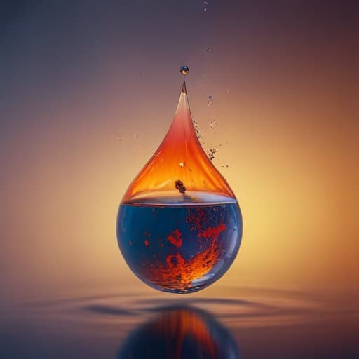 An image of a piece of earth on fire within a water droplet floating around in the air in Surrealist style with Gradient background