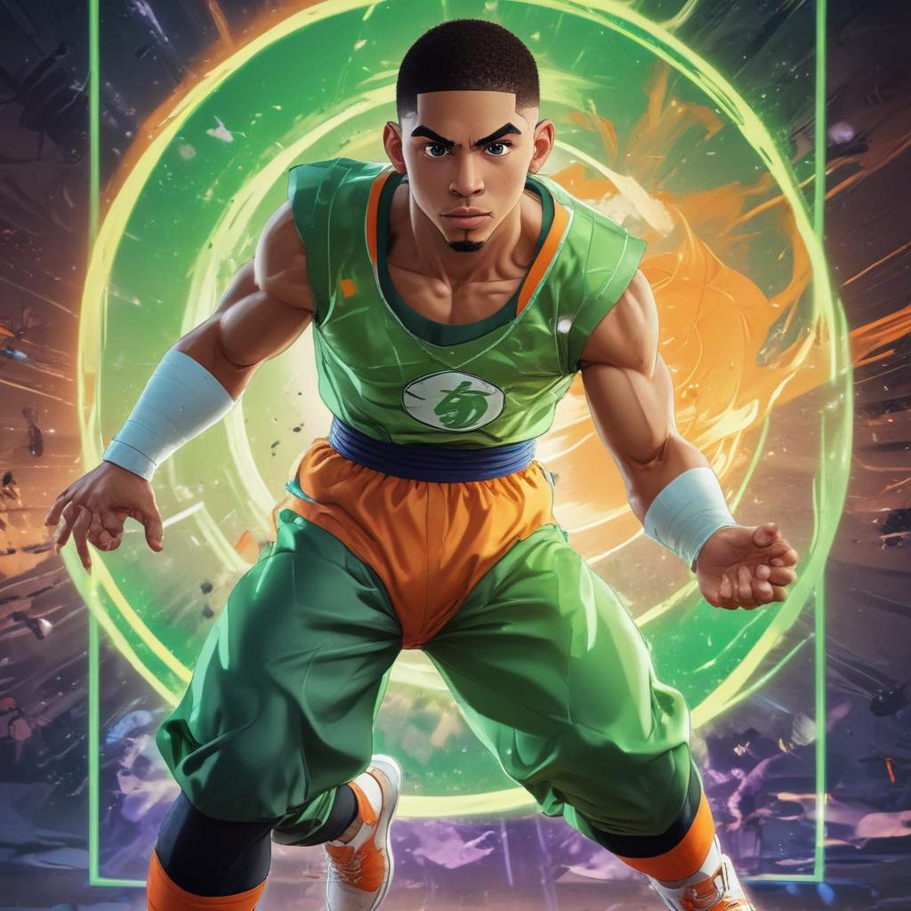 distance-shot, flashy, full-body, dynamic, holographic, animated cartoon poster of jayson tatum in the style of dragon ball super