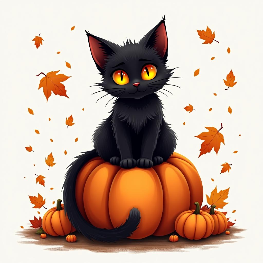  a cute black cat with glowing eyes sitting on a pumpkin, surrounded by swirling autumn leaves in a whimsical style, with warm, moody lighting. t shirt design, vector, contour, white background, no mockup hyperrealistic, full body, detailed clothing, highly detailed, cinematic lighting, stunningly beautiful, intricate, sharp focus, f/1. 8, 85mm, (centered image composition), (professionally color graded), ((bright soft diffused light)), volumetric fog, trending on instagram, trending on tumblr, HDR 4K, 8K