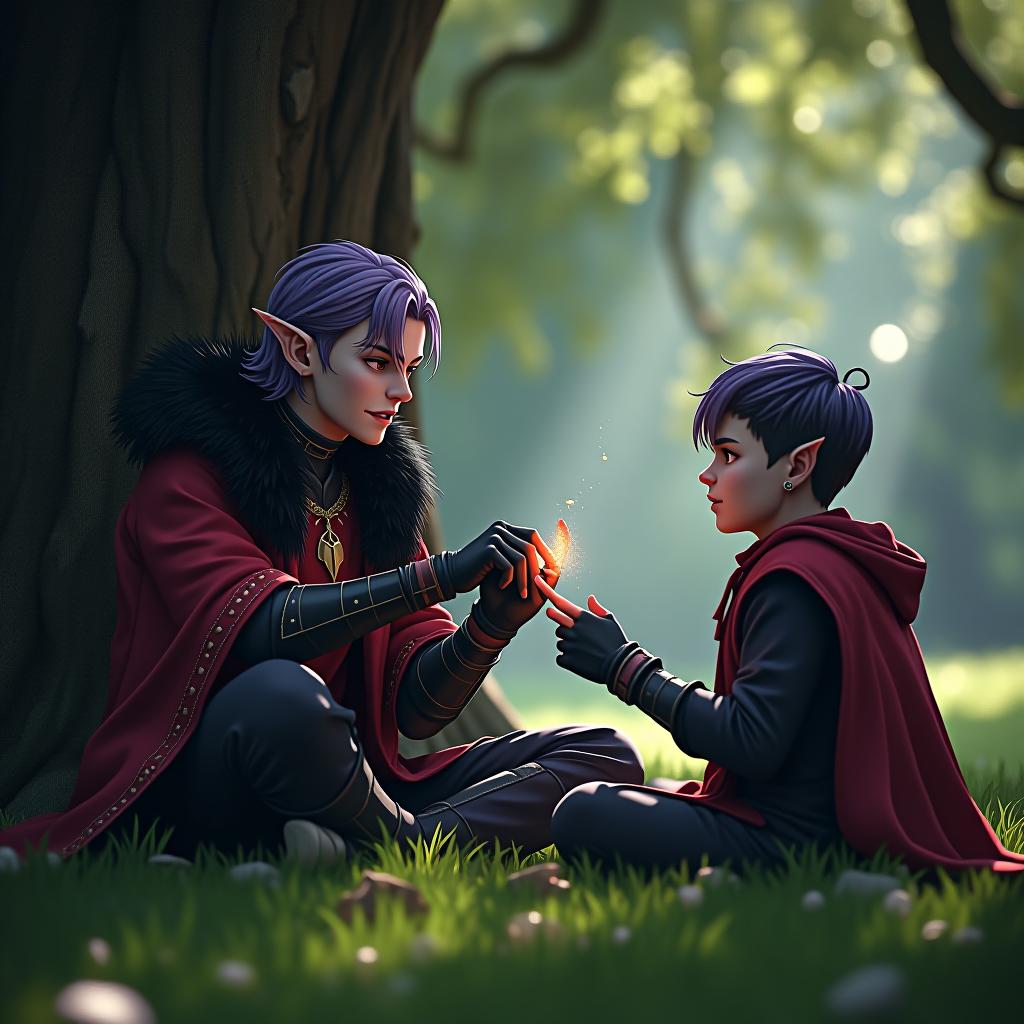  cyberpunk game style both brothers are sitting on the grass near a large oak tree, ringo is teaching iris magic, demonstrating his magical abilities, and iris is trying to repeat them. a young dark elf warlock named ringo graera wears tight fitting gloves black leather gloves that cover only his palms. the appearance of the dark elf warlock ringo: dark elf is a young dark elf with marble white skin, purple hair with a scarlet tint, pointed tips of ears, lavender eyes with a red tint, dressed in a red purple shirt with red gold embroidery on the shirt, this is over the shirt he wears a dark shirt in the shape of a stem, a scarlet half coat with a fur collar and a hairstyle in the style of disheveled hair. an earring in the right ear in the  hyperrealistic, full body, detailed clothing, highly detailed, cinematic lighting, stunningly beautiful, intricate, sharp focus, f/1. 8, 85mm, (centered image composition), (professionally color graded), ((bright soft diffused light)), volumetric fog, trending on instagram, trending on tumblr, HDR 4K, 8K