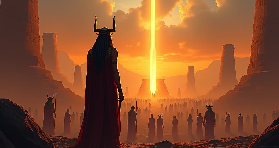  ancient battlefield, spirits in ancient warrior attire watching the battle of souls, atmosphere of witnessing significant conflict.. the style is digital art illustration / modern comic book / mysterious occult, symbolic, esoteric vibe,high detail on character design, incorporating ancient egyptian symbology and attire.