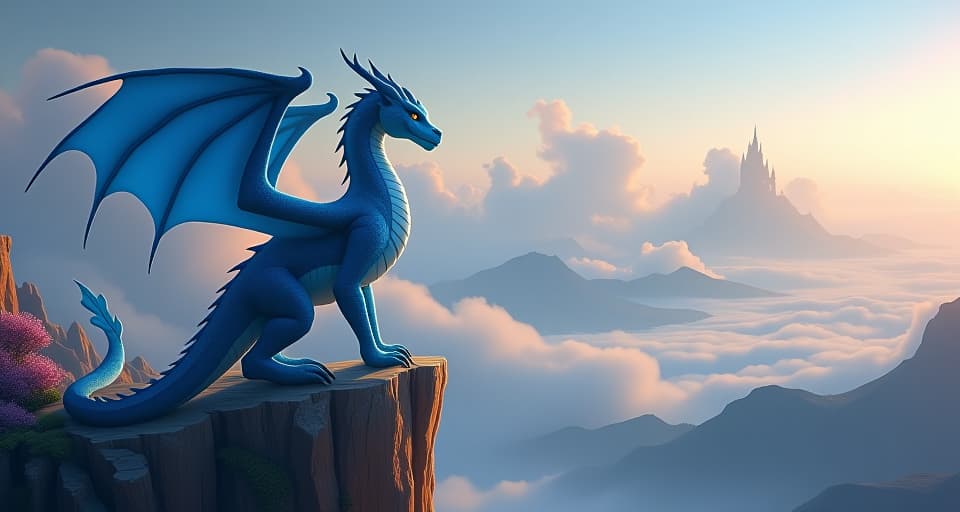  majestic blue dragon, standing tall on a cliff overlooking an expansive magical landscape, exuding an aura of sovereignty and strength. mood: authoritative, majestic, powerful.. the style is digital art illustration,highly detailed, whimsical,magical, dreamlike atmosphere, realism and fantasy blend, smooth, glossy textures,luminous quality, wonder and enchantment.