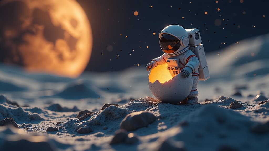  a tiny astronaut hatching from an egg on the moon, stars, sun, high quality, high details, hd, perfect composition, 4k epic detailed, highly detailed, sharp focus, high resolution