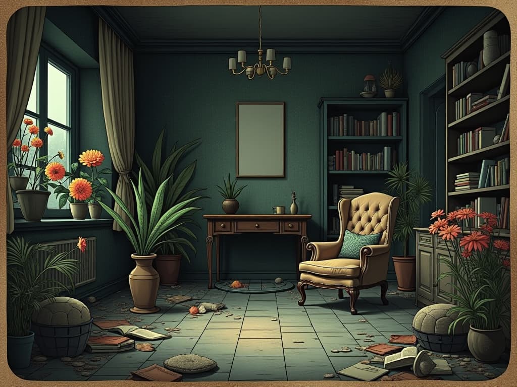  a cluttered room in dim lighting, artificial plants and dried flowers scattered in corners and on shelves, lifeless and dusty, stagnant air, feeling of neglect, mood of decay and abandonment. an illustration in the style of a worn, mystical old tarot trump card, mysterious and elements of surrealism. the colors are muted, somber and eerie, but with contrast bring out an occult and esoteric vibe.