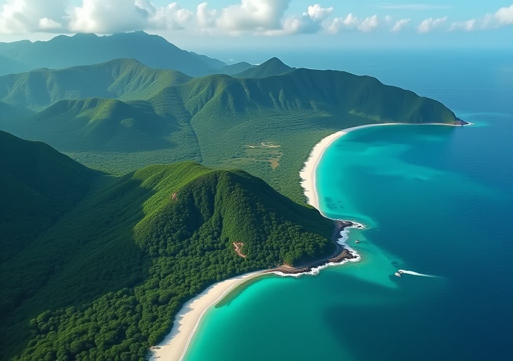  aerial view of jamaica showing the blue mountains, lush green forests, white sandy beaches, and turquoise caribbean waters, with a small inset map showing jamaica's location in the caribbean sea., in the style of photographic hyperrealistic, full body, detailed clothing, highly detailed, cinematic lighting, stunningly beautiful, intricate, sharp focus, f/1. 8, 85mm, (centered image composition), (professionally color graded), ((bright soft diffused light)), volumetric fog, trending on instagram, trending on tumblr, HDR 4K, 8K