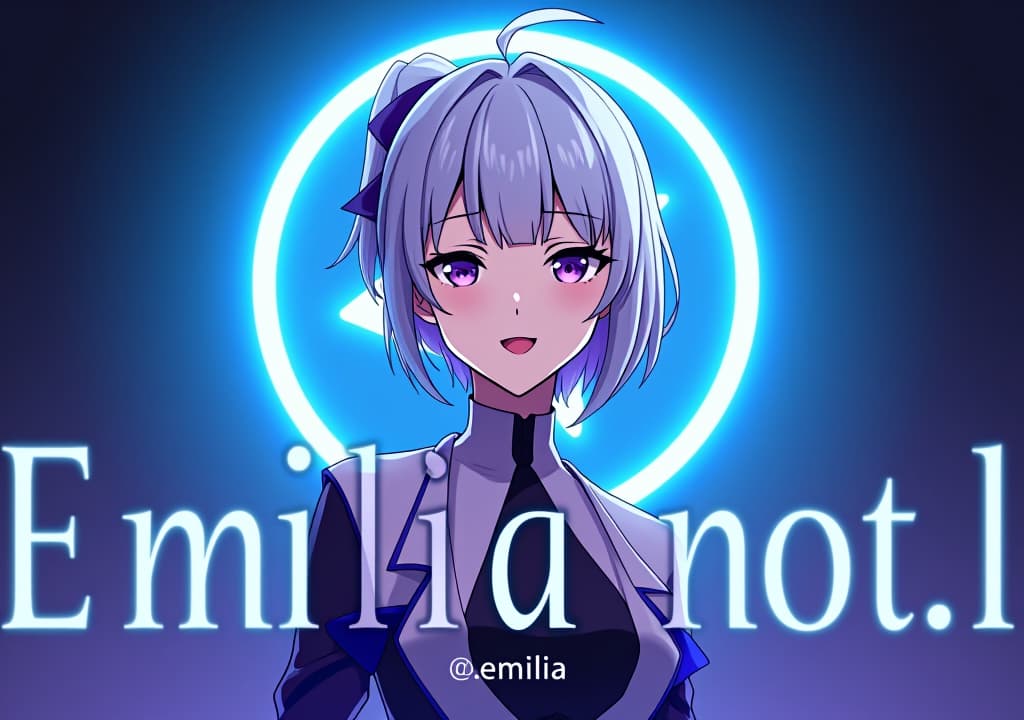  good quality, high quality, a poster style profile picture for a telegram group management bot featuring emilia from re:zero. emilia is depicted with her silver hair and purple eyes, standing confidently with a stylized telegram icon behind her. the background blends telegram’s blue gradient with subtle purple hues. the text "no.1 telegram group management bot" in anime sytle font is prominently displayed at the bottom in bold, modern font, with a small "emilia" tag underneath, creating a sleek and professional look.