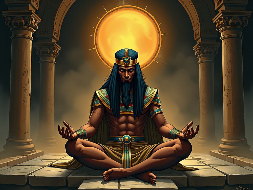  an egyptian philosopher, deep in meditation within a stone chamber, undistracted by worldly illusions, profound atmosphere. the style is digital art illustration / modern comic book / mysterious occult, symbolic, esoteric vibe,high detail on character design, incorporating ancient egyptian symbology and attire.