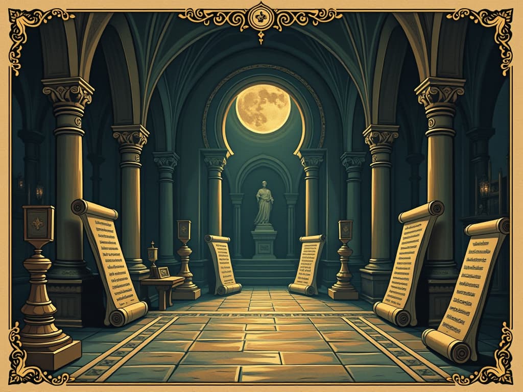  a grand ancient hall filled with scrolls and artifacts, whispers of knowledge in the air, revered, esoteric. an illustration in the style of a worn, mystical old tarot trump card, mysterious and elements of surrealism. the colors are muted, somber and eerie, but with contrast bring out an occult and esoteric vibe.