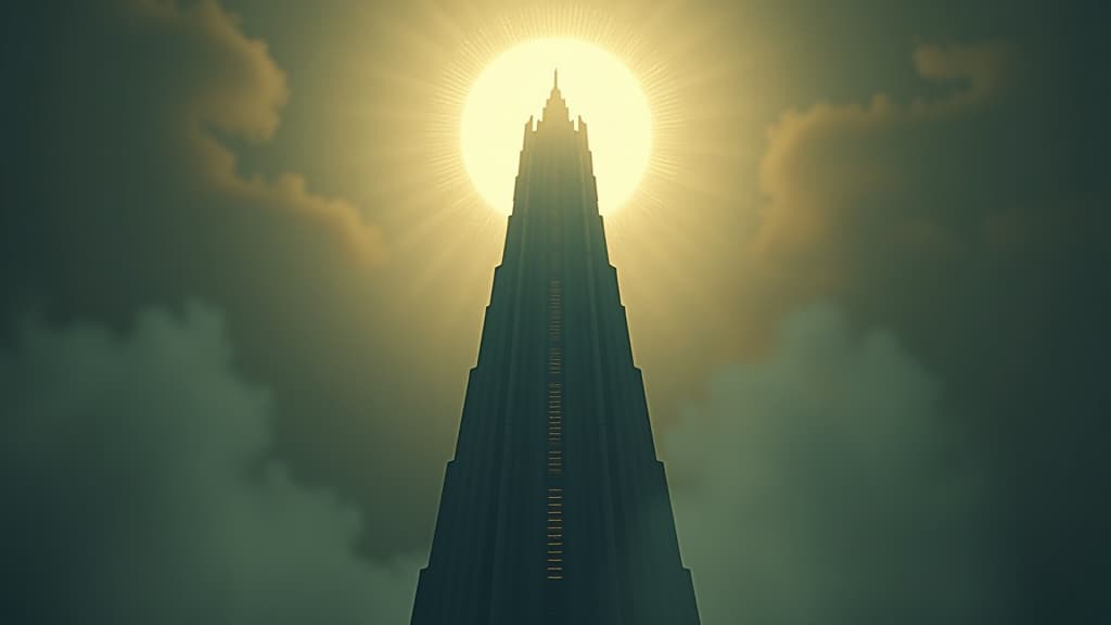  the tower surrounded by a celestial light, symbolizing the duality of human ambition versus divine authority. hyperrealistic, full body, detailed clothing, highly detailed, cinematic lighting, stunningly beautiful, intricate, sharp focus, f/1. 8, 85mm, (centered image composition), (professionally color graded), ((bright soft diffused light)), volumetric fog, trending on instagram, trending on tumblr, HDR 4K, 8K