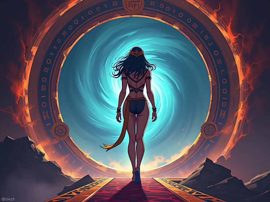  a dimensional portal with swirling colors, a large busted enchantress in futuristic, form fitting attire, stepping through, an atmosphere of boundless exploration. the style is digital art illustration / modern comic book / mysterious occult, symbolic, esoteric vibe,high detail on character design, incorporating ancient egyptian symbology and attire.