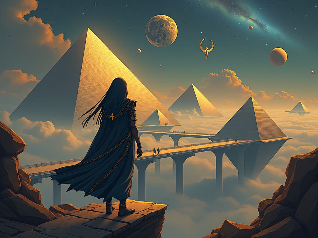  astral landscape with floating pyramids, ethereal bridges connecting them, celestial bodies in the background, hieroglyphs floating in the sky, golden ankh symbols, surreal and infinite potential. the style is digital art illustration / modern comic book / mysterious occult, symbolic, esoteric vibe,high detail on character design, incorporating ancient egyptian symbology and attire.