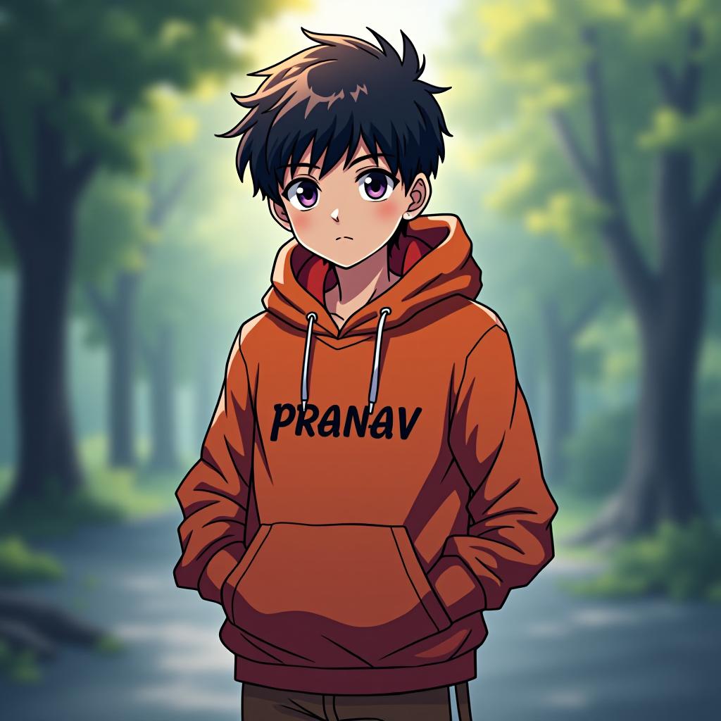  good quality, high quality, a hot anime boy wearing hoodie pranav written on it standing with lord krishna