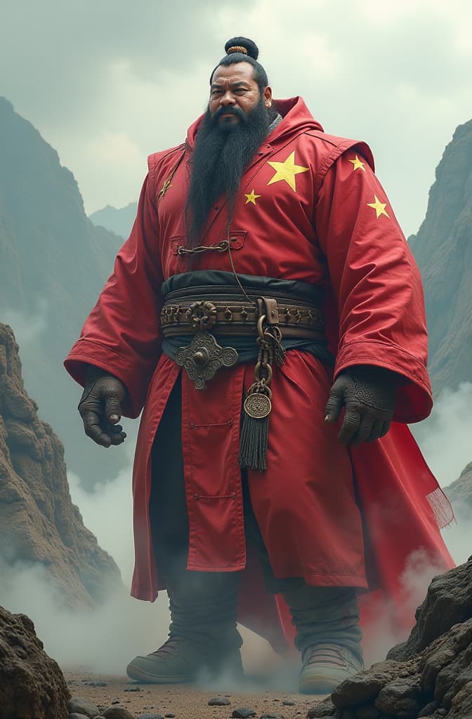  make a chinese mythical giant from china with chinese flag paintings hyperrealistic, full body, detailed clothing, highly detailed, cinematic lighting, stunningly beautiful, intricate, sharp focus, f/1. 8, 85mm, (centered image composition), (professionally color graded), ((bright soft diffused light)), volumetric fog, trending on instagram, trending on tumblr, HDR 4K, 8K