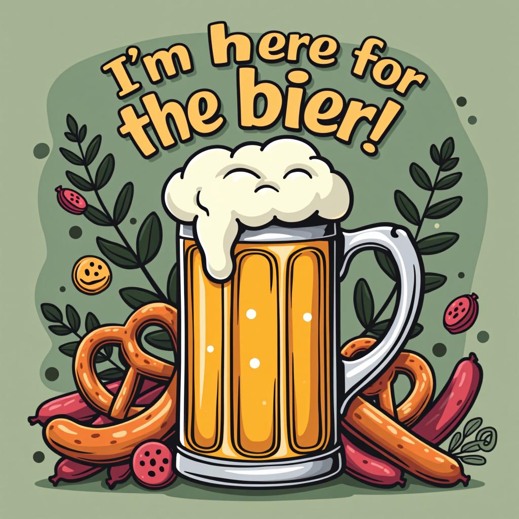  a playful beer stein at the center with 'i'm here for the bier!' arched above, surrounded by pretzels and sausages.