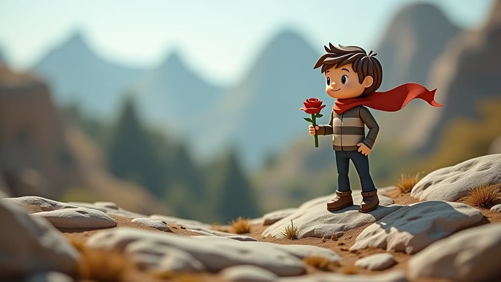  paper craft of boy with scarf and red rose on rocky landscape