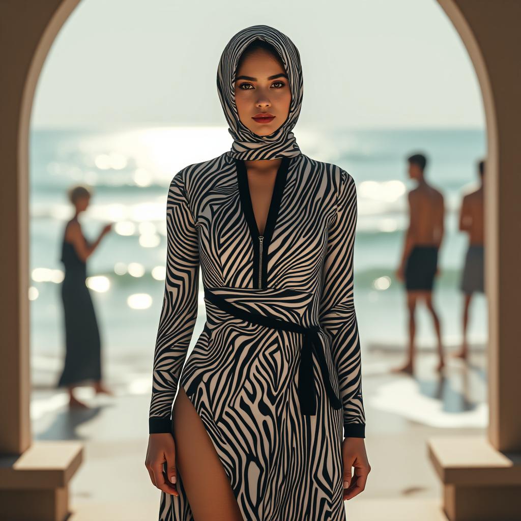  "create an elegant, modest tight fit swimwear design for a middle eastern woman. the model should be 170 cm tall and weigh around 60 kg. the swimwear consists of a long sleeve top with a high neck and front zipper closure. the fabric is a polyester blend, ideal for swimwear, featuring a geometric black and white abstract pattern. the design includes a matching sarong style skirt, with the same geometric pattern draping over the waist and down to the ankles. the overall look should be chic and suitable for beachwear, with a sophisticated balance of modesty and modern style. background: the model is standing by the ocean, framed by a circular archway."  hyperrealistic, full body, detailed clothing, highly detailed, cinematic lighting, stunningly beautiful, intricate, sharp focus, f/1. 8, 85mm, (centered image composition), (professionally color graded), ((bright soft diffused light)), volumetric fog, trending on instagram, trending on tumblr, HDR 4K, 8K