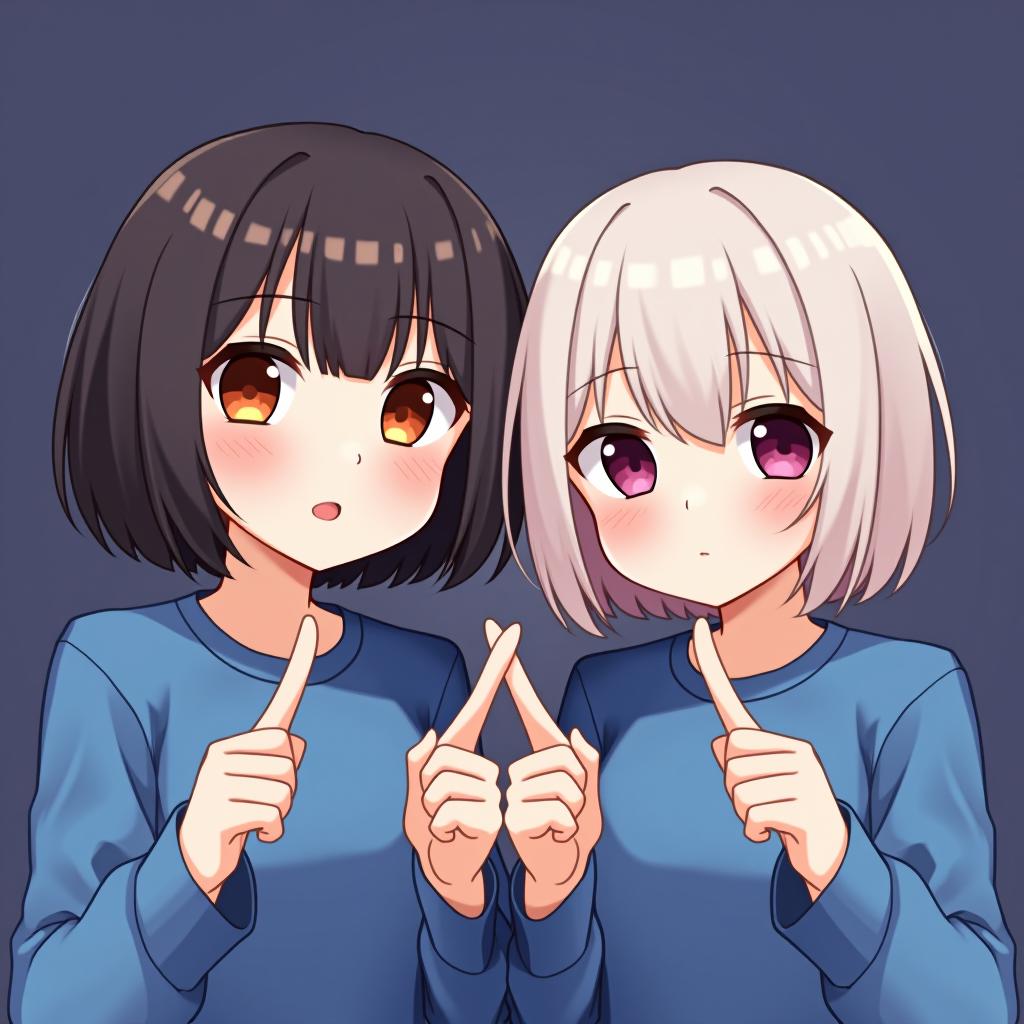  two girls. one has dark hair (bob cut), the other has light hair in a bob cut. they are showing the number one. they are wearing blue clothing.