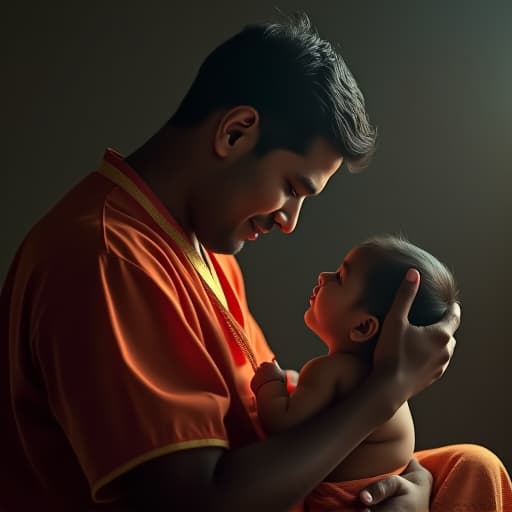  a mother breastfeeding his husband, indian, realstic, hyperrealistic, full body, detailed clothing, highly detailed, cinematic lighting, stunningly beautiful, intricate, sharp focus, f/1. 8, 85mm, (centered image composition), (professionally color graded), ((bright soft diffused light)), volumetric fog, trending on instagram, trending on tumblr, HDR 4K, 8K