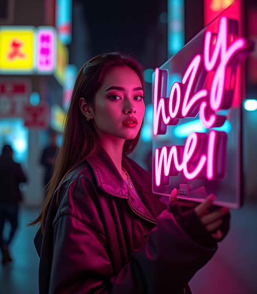  lana del ray holding a "hozy mei" neon sign, night street, cyberpunk hyperrealistic, full body, detailed clothing, highly detailed, cinematic lighting, stunningly beautiful, intricate, sharp focus, f/1. 8, 85mm, (centered image composition), (professionally color graded), ((bright soft diffused light)), volumetric fog, trending on instagram, trending on tumblr, HDR 4K, 8K