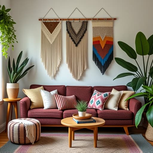  a cozy boho living room featuring a mix of colorful eclectic patterns, macramé wall hangings, layered rugs, and plenty of plants for that perfect bohemian vibe.