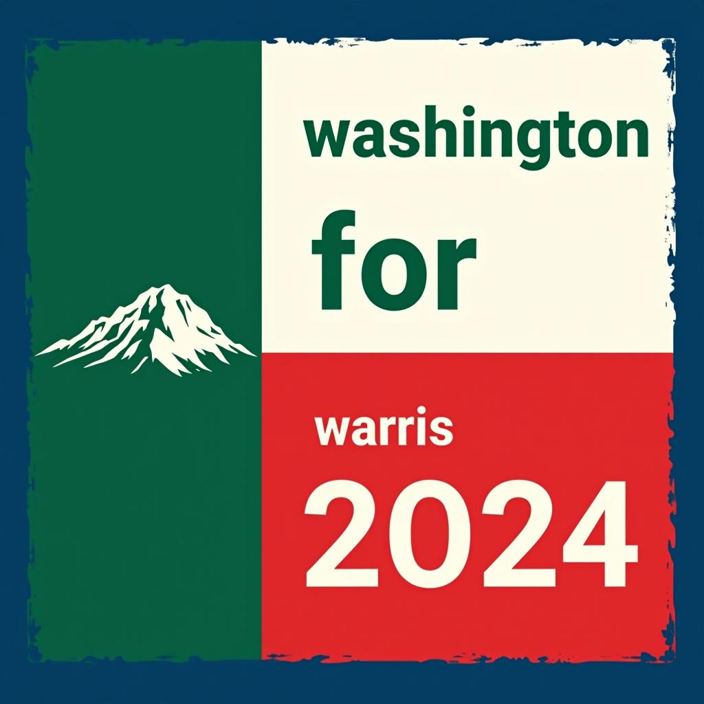  a tshirt design inspired by the washington state flag. the left side features a green vertical stripe with a large mountain in the center. the right side is divided into two horizontal sections: the top section is white with the text 'washington for' in bold, green, uppercase letters, and the bottom section is red with the text 'harris walz 2024' in bold, white, uppercase letters. the overall layout is clean and straightforward, with a clear and patriotic color scheme of blue, white, and red.