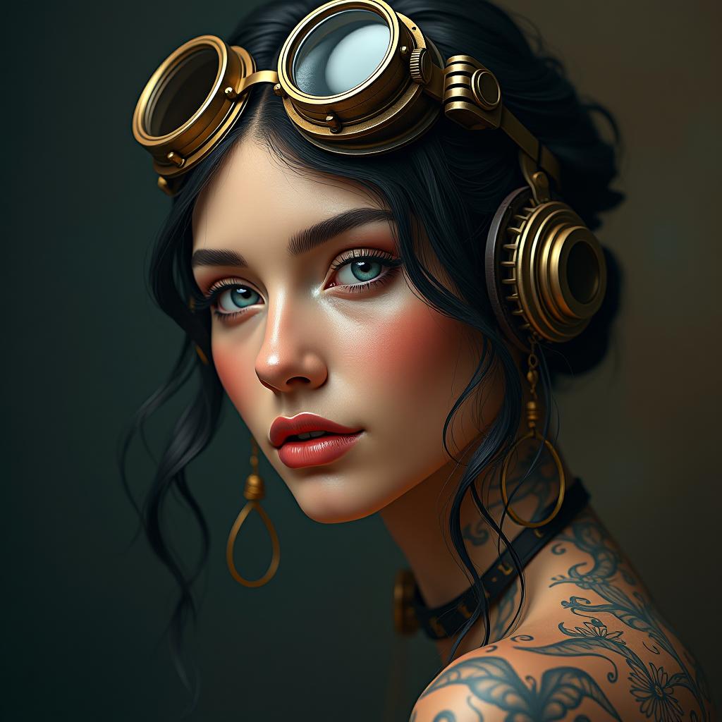  a ly steampunk themed with bronze goggles resting on her head, a hint of age. this hyper realistic portrait captures every intricate detail, from the intricate gears and intricate tattoos adorning her skin to the subtle shadows playing across her features. the image is a striking painting, showcasing the subject's alluring presence in vint colors and meticulous precision, creating a sense of realism that draws the viewer in. every element in the picture is masterfully executed, breathing life into the character and immersing spectators in a world where fantasy meets sensuality. hyperrealistic, full body, detailed clothing, highly detailed, cinematic lighting, stunningly beautiful, intricate, sharp focus, f/1. 8, 85mm, (centered image composition), (professionally color graded), ((bright soft diffused light)), volumetric fog, trending on instagram, trending on tumblr, HDR 4K, 8K