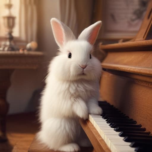 A fluffy bunny playing the piano in a whimsical, abstract setting. in ستيمبانك style with محيطات background