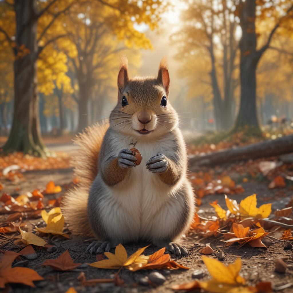 ((masterpiece)),(((best quality))), 8k, high detailed, ultra detailed, Nuts 166 club Logo, A squirrel holding a nut, (tree branches in the background), (fall leaves scattered on the ground), (sunlight filtering through the leaves) hyperrealistic, full body, detailed clothing, highly detailed, cinematic lighting, stunningly beautiful, intricate, sharp focus, f/1. 8, 85mm, (centered image composition), (professionally color graded), ((bright soft diffused light)), volumetric fog, trending on instagram, trending on tumblr, HDR 4K, 8K