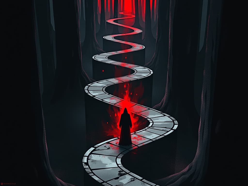  dark labyrinth with twisting paths, figure in red lost and disoriented, air of confusion. the style is digital art illustration / modern comic book / graphic dark novel fantasy and mysterious occult, symbolic, moody lighting, esoteric vibe,high detail on character design. for the color scheme emphasize blacks and reds.