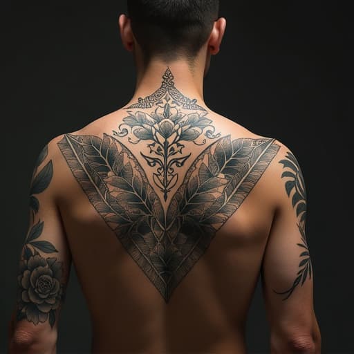  image of a geometric tattoo covering the upper back of a person. the tattoo should consist of precise lines and shapes, creating a modern and abstract design that spans across the back.create an image of a vintage style clothing and tattoo design. the person’s clothing must be included. hyperrealistic, full body, detailed clothing, highly detailed, cinematic lighting, stunningly beautiful, intricate, sharp focus, f/1. 8, 85mm, (centered image composition), (professionally color graded), ((bright soft diffused light)), volumetric fog, trending on instagram, trending on tumblr, HDR 4K, 8K