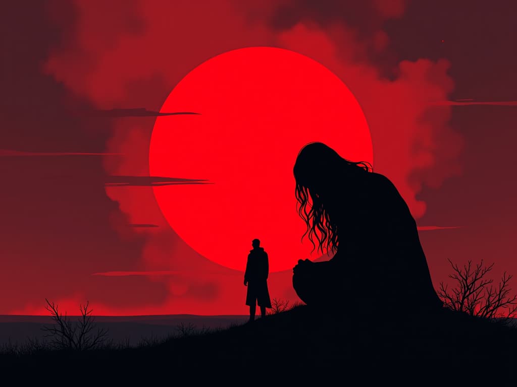  silhouette in red, slumped posture, twilight sky, empty horizon, mood of sorrow and deep regret. the style is digital art illustration / modern comic book / graphic dark novel fantasy and mysterious occult, symbolic, moody lighting, esoteric vibe,high detail on character design. for the color scheme emphasize blacks and reds.