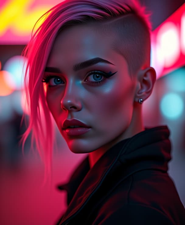  ultra realistic close up portrait ((beautiful pale cyberpunk female with heavy black eyeliner)), blue eyes, shaved side haircut, hyper detail, cinematic lighting, magic neon, dark red city, canon eos r3, nikon, f/1.4, iso 200, 1/160s, 8k, raw, unedited, symmetrical balance, in frame, 8k hyperrealistic, full body, detailed clothing, highly detailed, cinematic lighting, stunningly beautiful, intricate, sharp focus, f/1. 8, 85mm, (centered image composition), (professionally color graded), ((bright soft diffused light)), volumetric fog, trending on instagram, trending on tumblr, HDR 4K, 8K