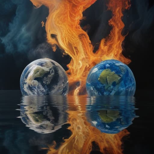 An image of earth, air, water and fire in Surrealist style