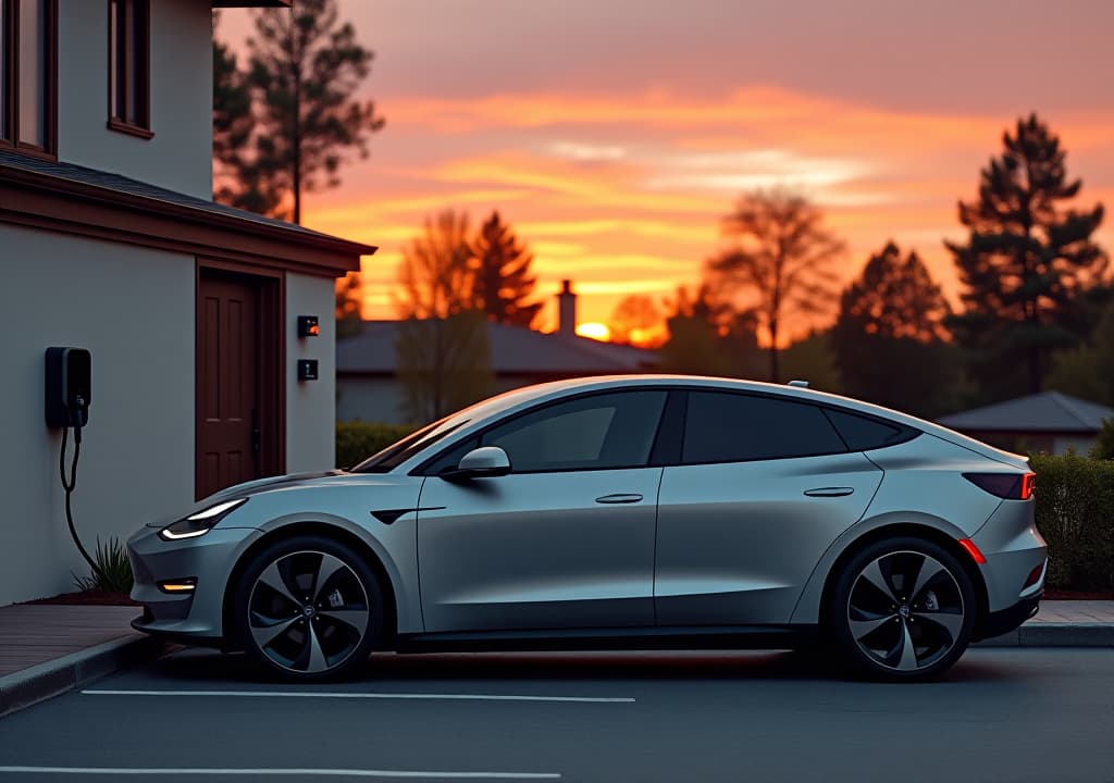  modern electric car parked next to a home and charging from a charging station on sunset. mindful of the planet's resources.