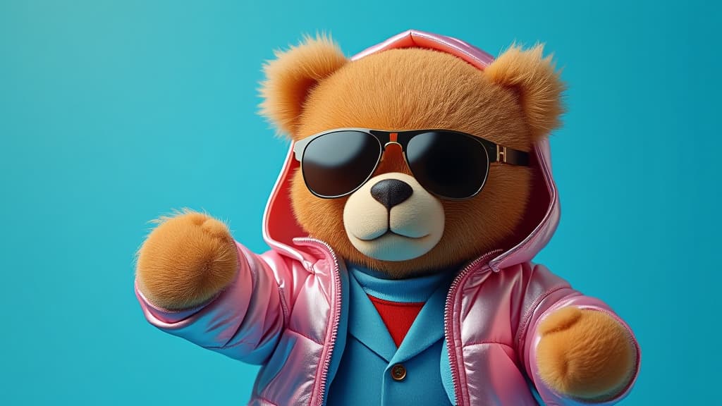  portrait of a funny cute teddy bear toy posing and wearing sunglasses, a pink metallic jacket with a hood, and blue metallic suit. blue background with copy space. pastel colors, high quality, high details, hd, perfect composition, 4k epic detailed, highly detailed, sharp focus, high resolution