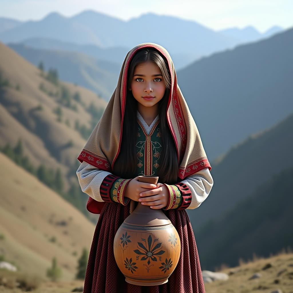  a girl from the caucasus in traditional attire stands at the edge of a tall mountain, holding a jug in her hands and wearing a large scarf on her head. style: raw.