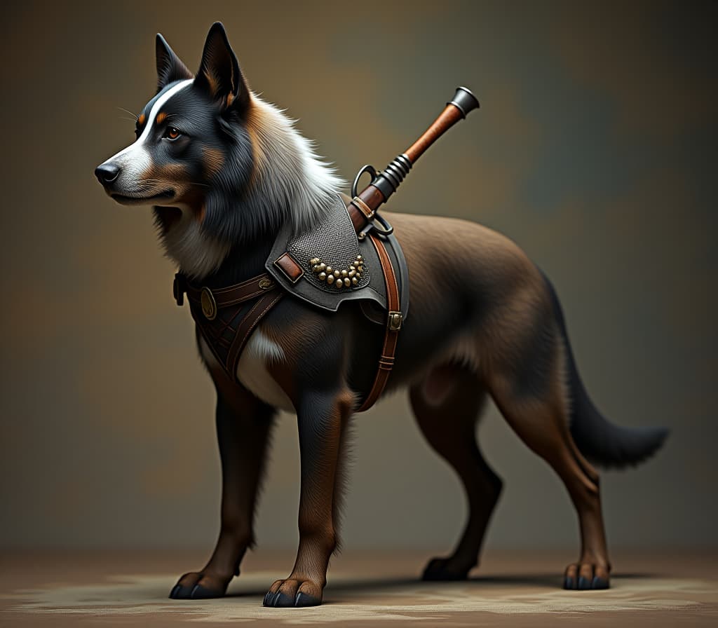  hyperrealistic art dog, animal, full height, dog in fur armor, dog in full growth, scabbards on paw, weapons . extremely high resolution details, photographic, realism pushed to extreme, fine texture, incredibly lifelike