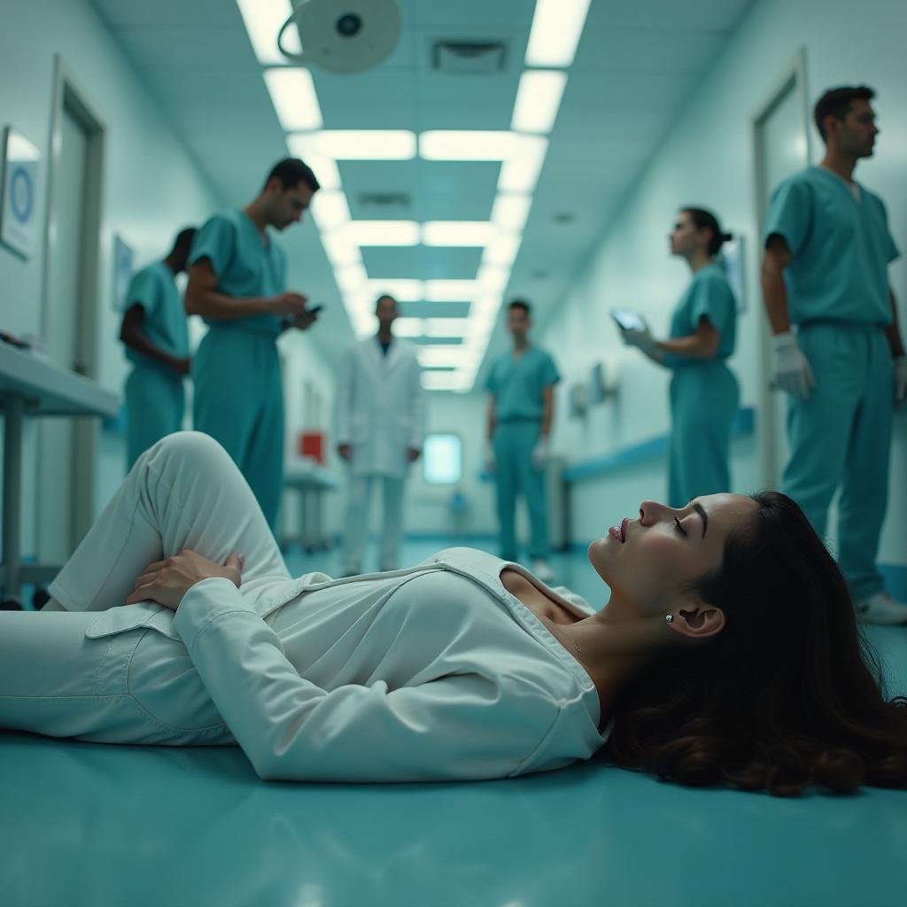  create a picture of science fair, in the top left is a beautiful, young woman of latino descent in lying down on the ground pose. in the background you can see other fans of different genders and origins in a hospital. hyperrealistic, full body, detailed clothing, highly detailed, cinematic lighting, stunningly beautiful, intricate, sharp focus, f/1. 8, 85mm, (centered image composition), (professionally color graded), ((bright soft diffused light)), volumetric fog, trending on instagram, trending on tumblr, HDR 4K, 8K