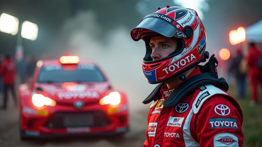  prompt: create an ultra realistic and ultra detailed image of kalle rovanperä, the world champion rally driver, in the heat of victory at rally poland. show rovanperä in his toyota racing suit, exuding exhaustion and determination after his unexpected triumph. capture the intensity of the moment with dramatic lighting, emphasizing his resilience amidst adversity. include toyota's logo prominently on his racing gear and the rally car in the background. highlight the dynamic composition with int