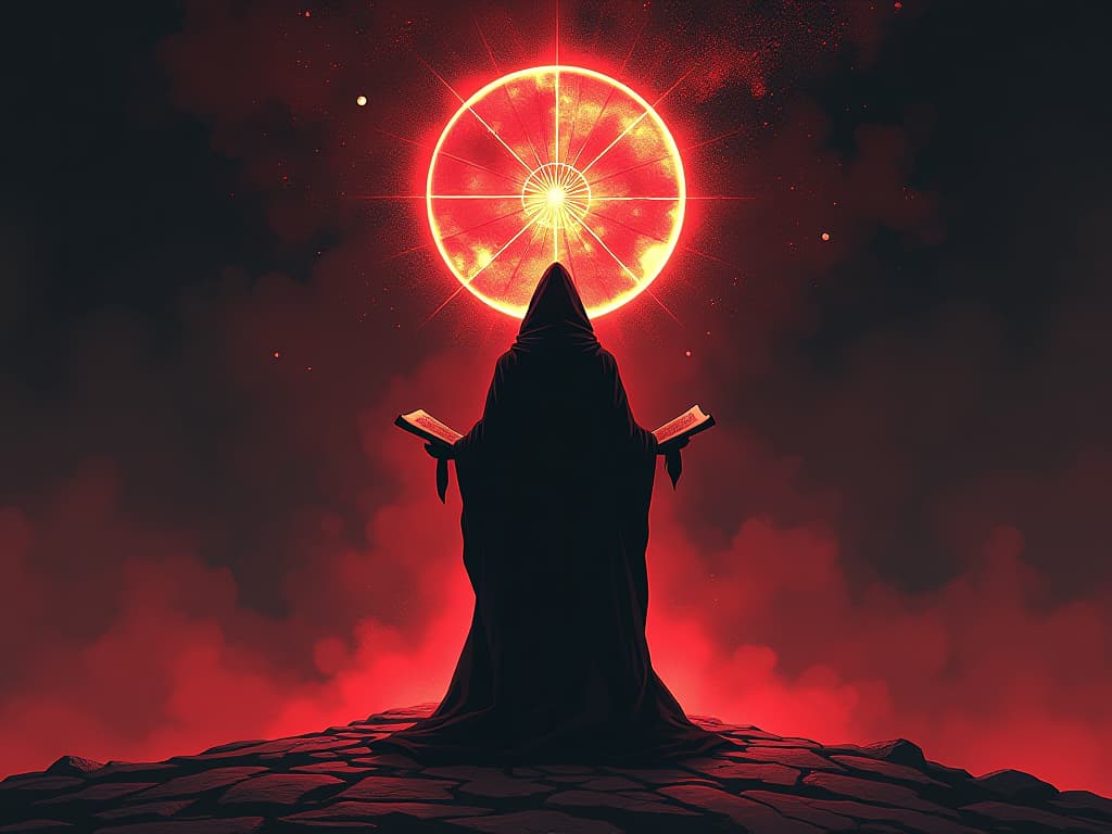  figure standing with ancient scrolls, celestial symbols around, moments of decision, ambiance of pivotal moments. the style is digital art illustration / modern comic book / graphic dark novel fantasy and mysterious occult, symbolic, moody lighting, esoteric vibe,high detail on character design. for the color scheme emphasize blacks and reds.