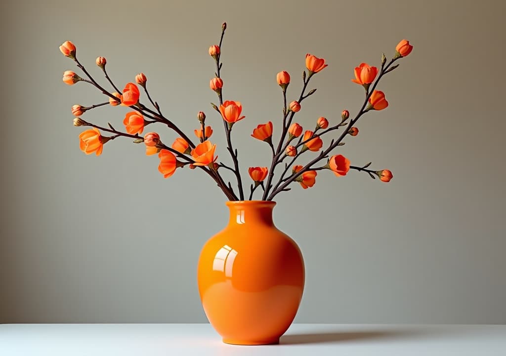  an orange vase with branches in it