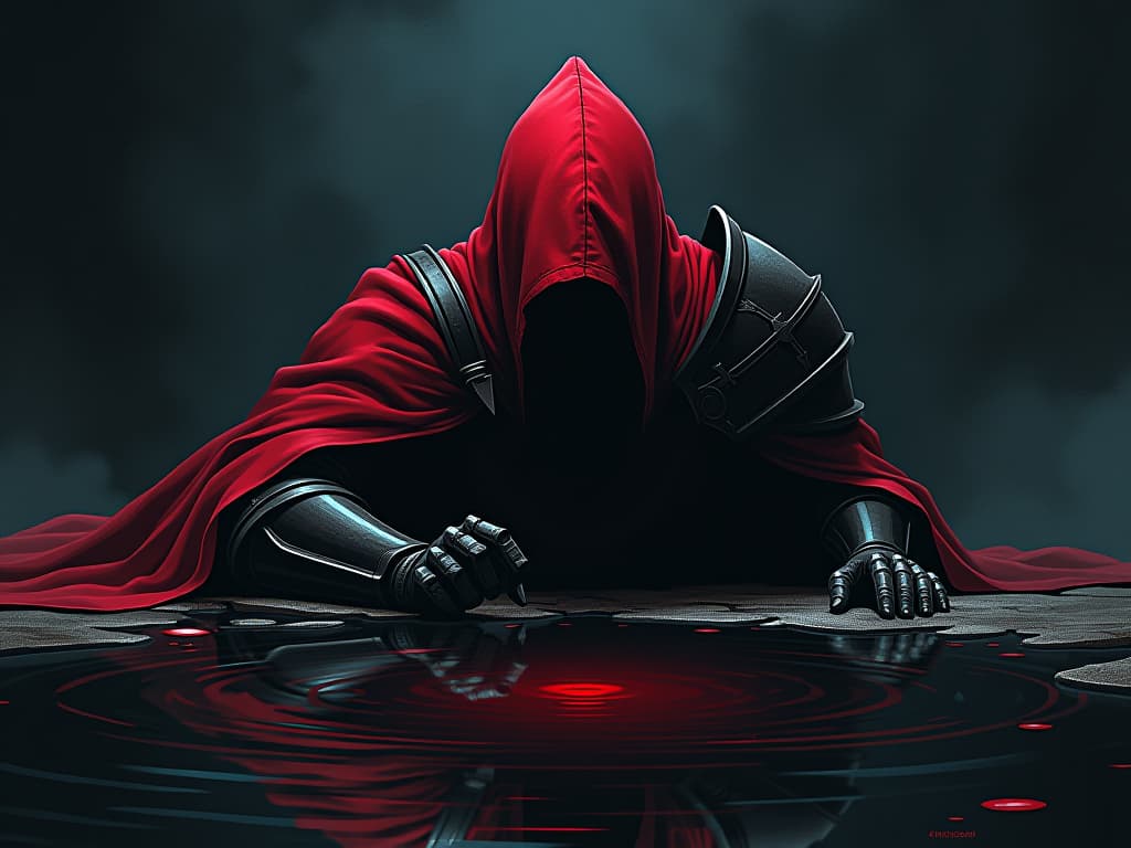  knight in red armor, staring at their reflection in a dark pool of water, feelings of inadequacy, mist rising. the style is digital art illustration / modern comic book / graphic dark novel fantasy and mysterious occult, symbolic, moody lighting, esoteric vibe,high detail on character design. for the color scheme emphasize blacks and reds.