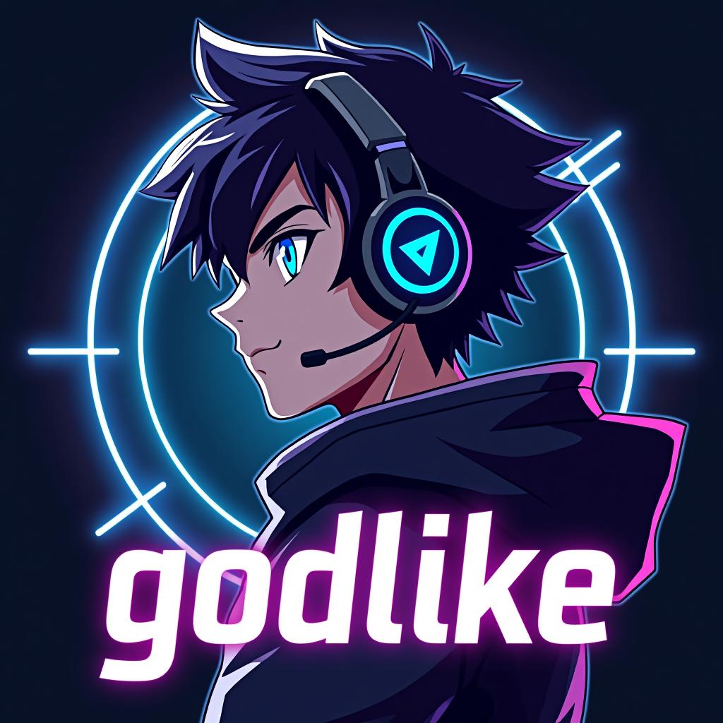  good quality, high quality, anime style profile picture design of a handsome boy with sharp, angular features, dark spiky hair, and glowing blue eyes, wearing a futuristic headset and sleek black outfit. the word "godlike" is in bold, stylized font with neon blue accents, in front of a digital design backdrop.