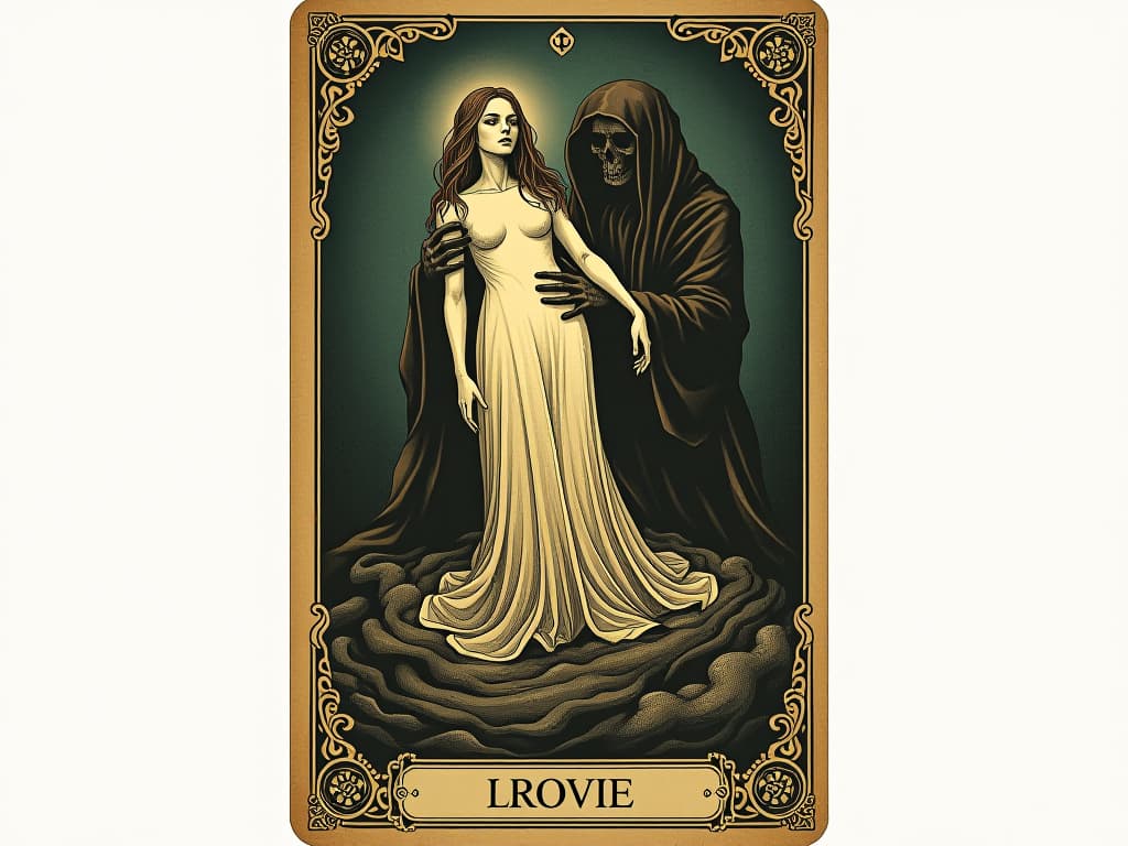  a looming shadow trying to grasp a figure enveloped in light, resilience, defiance, unyielding spirit. an illustration in the style of a worn, mystical old tarot trump card, mysterious and elements of surrealism. the colors are muted, somber and eerie, but with contrast bring out an occult and esoteric vibe.