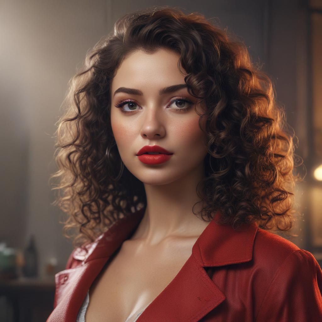 ((masterpiece)),(((best quality))), 8k, high detailed, ultra detailed, sexy woman, (curly hair), red lipstick, (glamorous outfit), (soft lighting) hyperrealistic, full body, detailed clothing, highly detailed, cinematic lighting, stunningly beautiful, intricate, sharp focus, f/1. 8, 85mm, (centered image composition), (professionally color graded), ((bright soft diffused light)), volumetric fog, trending on instagram, trending on tumblr, HDR 4K, 8K