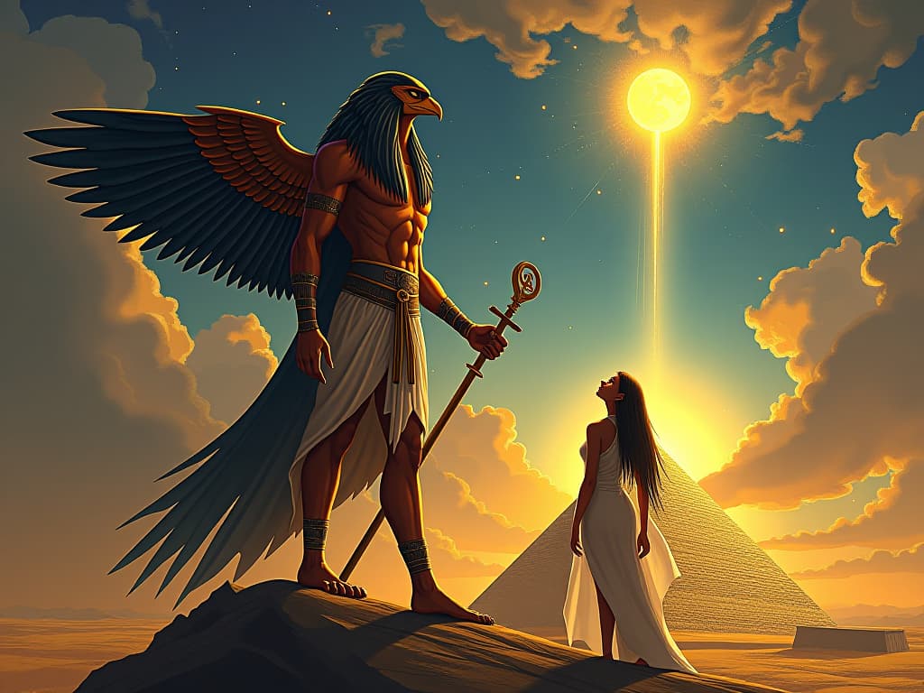  horus, the falcon headed god, standing atop a golden pyramid, wings outstretched, ankh in hand, celestial light beaming down, with a large busted priestess in form fitting white linen, gazing up at him in awe, symbolizing divine wisdom. the style is digital art illustration / modern comic book / mysterious occult, symbolic, esoteric vibe,high detail on character design, incorporating ancient egyptian symbology and attire.