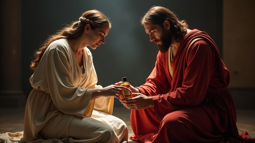  history of biblical times, an artful depiction of mary pouring expensive perfume on jesus' feet, with judas criticizing her, capturing his envy and selfishness. hyperrealistic, full body, detailed clothing, highly detailed, cinematic lighting, stunningly beautiful, intricate, sharp focus, f/1. 8, 85mm, (centered image composition), (professionally color graded), ((bright soft diffused light)), volumetric fog, trending on instagram, trending on tumblr, HDR 4K, 8K