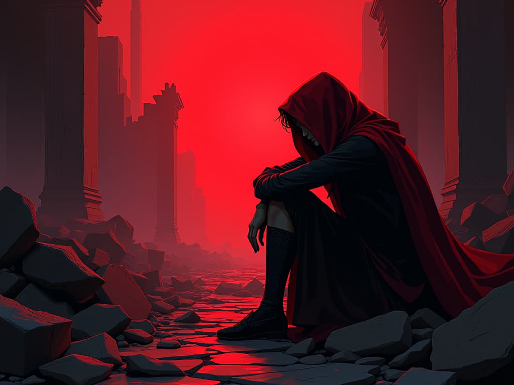  person in red, slumped in sorrow, ruins of a crumbled dream, air of profound regret and whispered renewal. the style is digital art illustration / modern comic book / graphic dark novel fantasy and mysterious occult, symbolic, moody lighting, esoteric vibe,high detail on character design. for the color scheme emphasize blacks and reds.