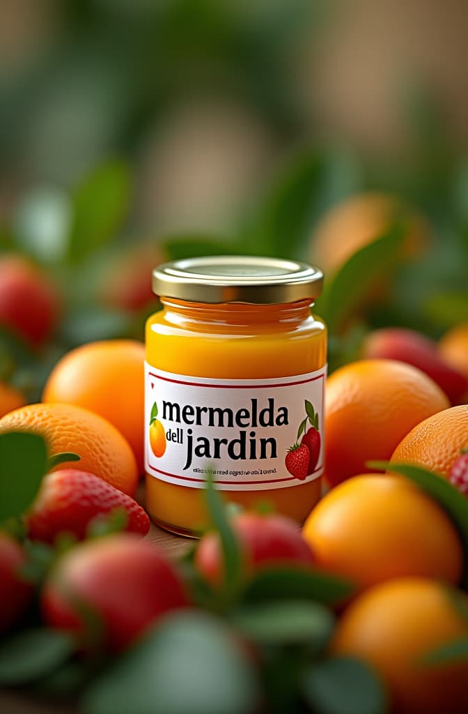  diseña un cartel publicitario para una mermelada artesanal llamada ‘mermelada del jardín’. el cartel debe ser vibrante y atractivo, destacando la frescura y naturalidad del producto ,en el centro del cartel, muestra un frasco de mermelada elegante con una tapa dorada. el frasco debe estar rodeado de frutas frescas como fresas, arándanos y naranjas, colocadas de manera que parezcan recién cosechadas. la imagen debe tener un fondo desenfocado con tonos cálidos como el amarillo y el naranja, que sugieren frescura y calidez hyperrealistic, full body, detailed clothing, highly detailed, cinematic lighting, stunningly beautiful, intricate, sharp focus, f/1. 8, 85mm, (centered image composition), (professionally color graded), ((bright soft diffused light)), volumetric fog, trending on instagram, trending on tumblr, HDR 4K, 8K