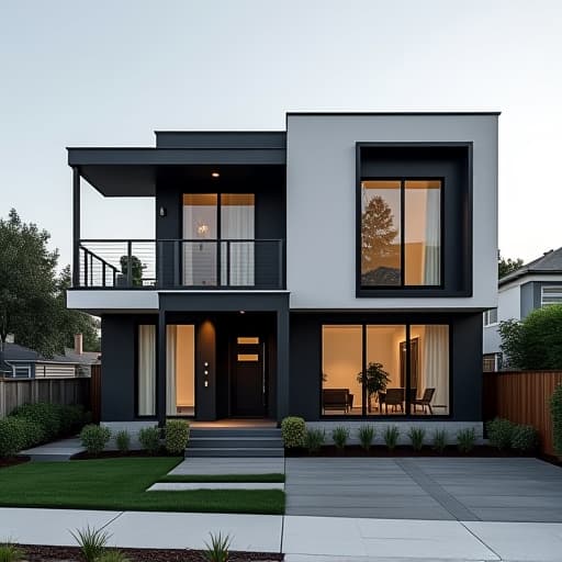  a modern urban house exterior with a sleek black and white color scheme, featuring clean lines, large windows, and minimalistic landscaping with a contemporary touch.